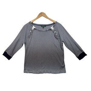 Lauren Ralph Lauren Womens Blouse Size XL Black White Stripe Lace-Up Neck Casual